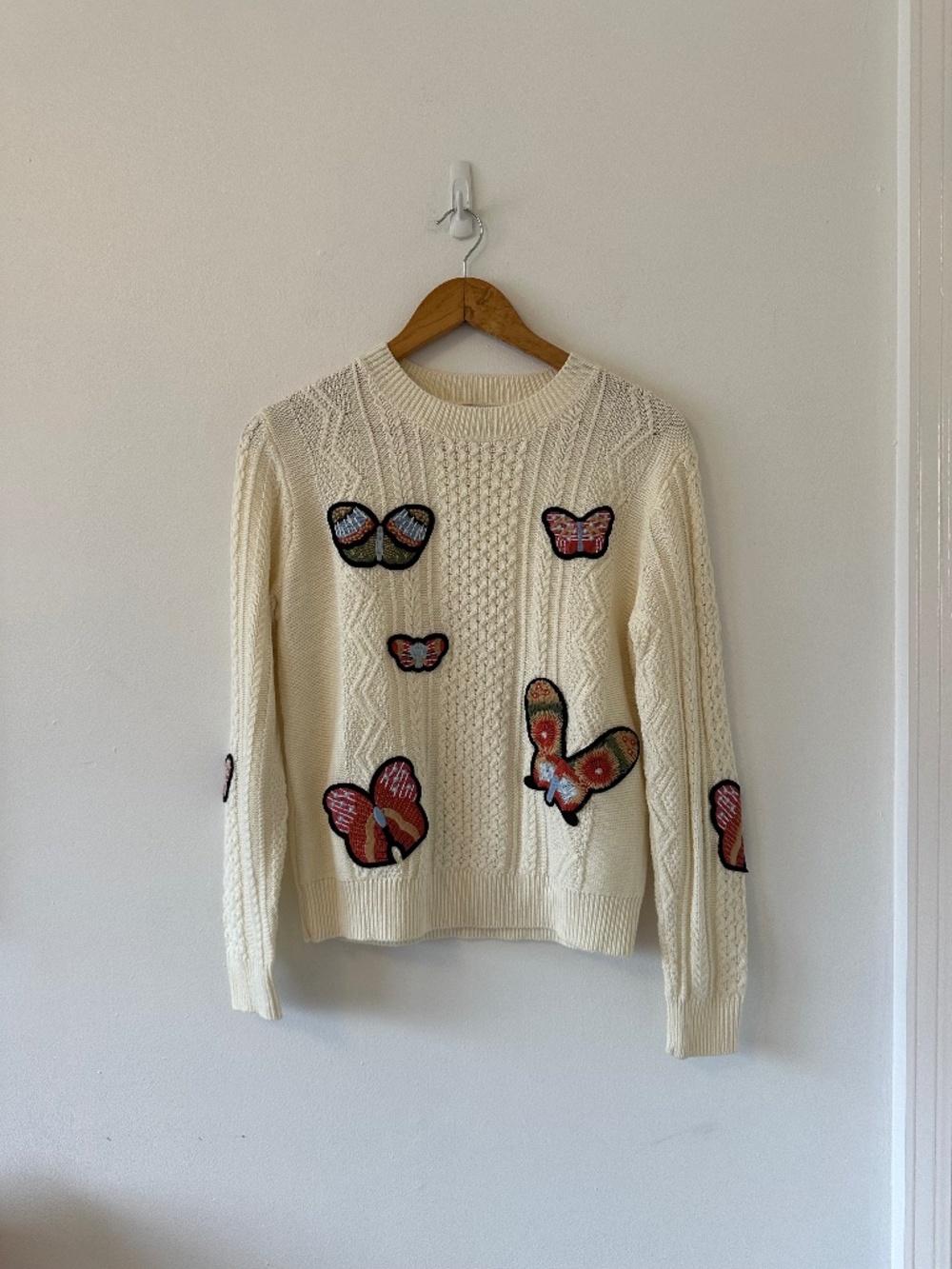 Jamison Cable Knit Sweater with Butterfly Patches | Size Small